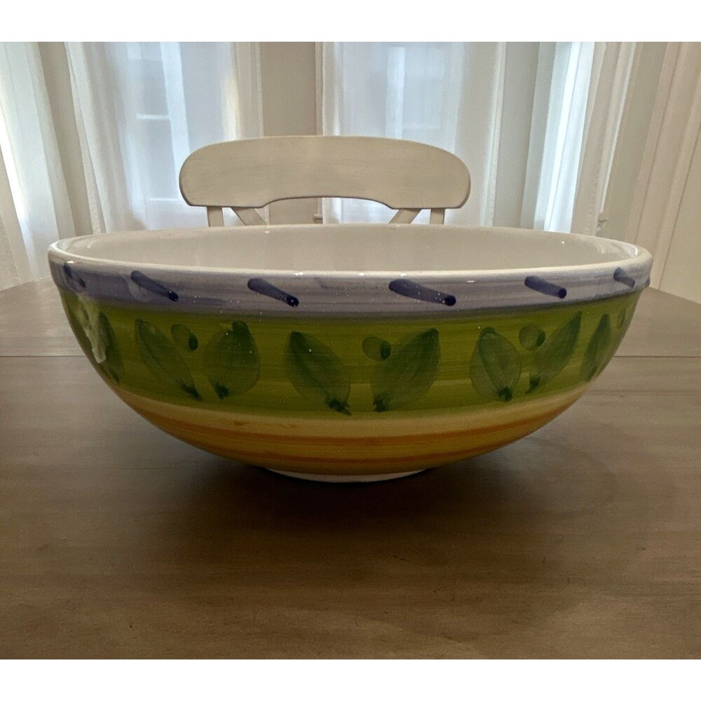 Caleca Hand Painted Serving Bowl Green White Striped Made in Italy